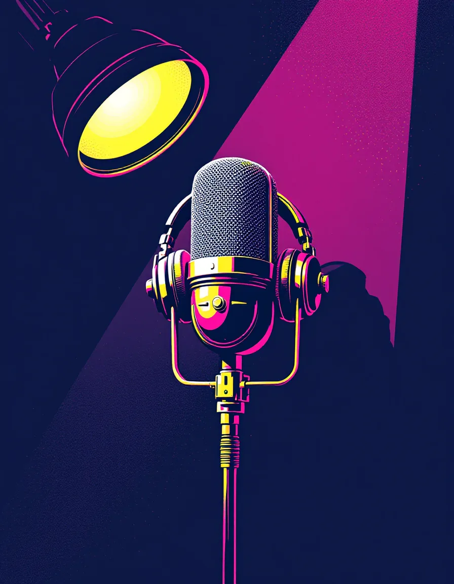 Pop-art screenprint of a studio microphone and headphones