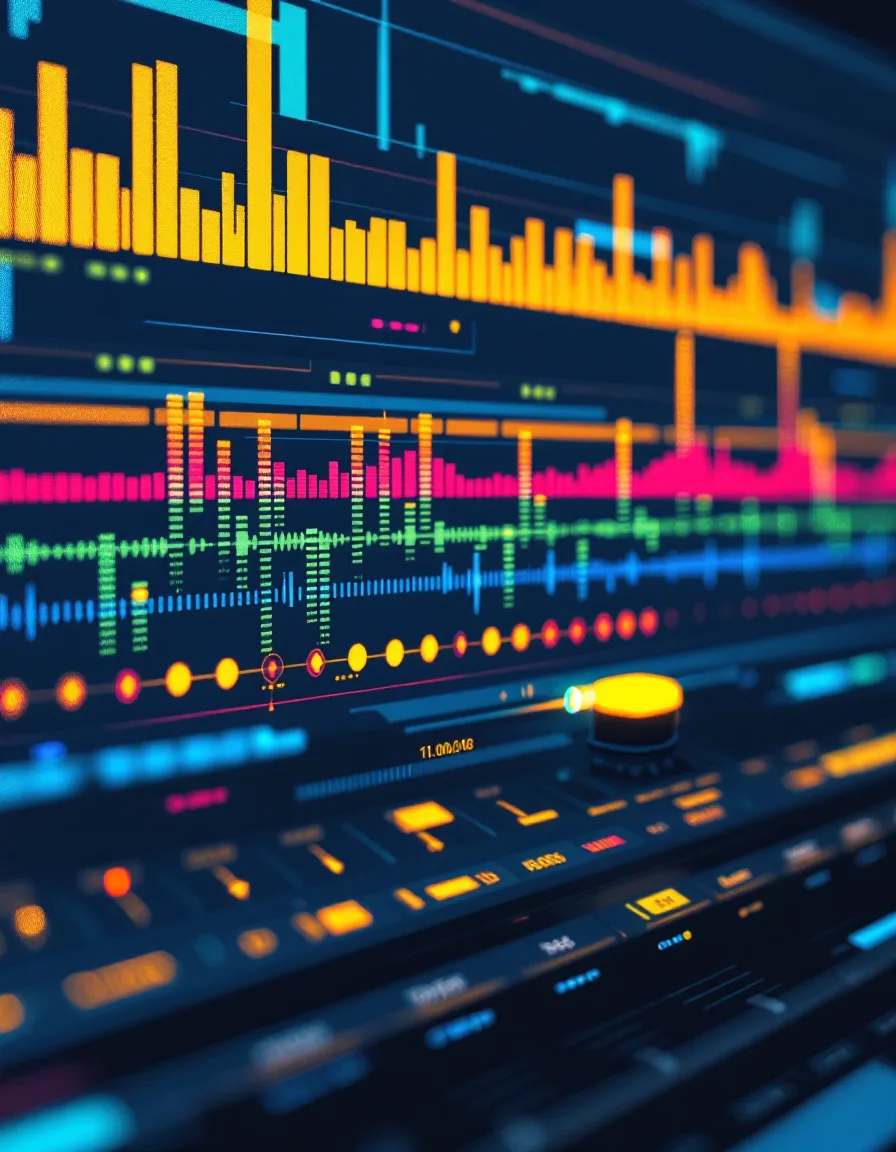 Pop-art illustration of a podcast editing timeline with stacked waveform tracks and faders